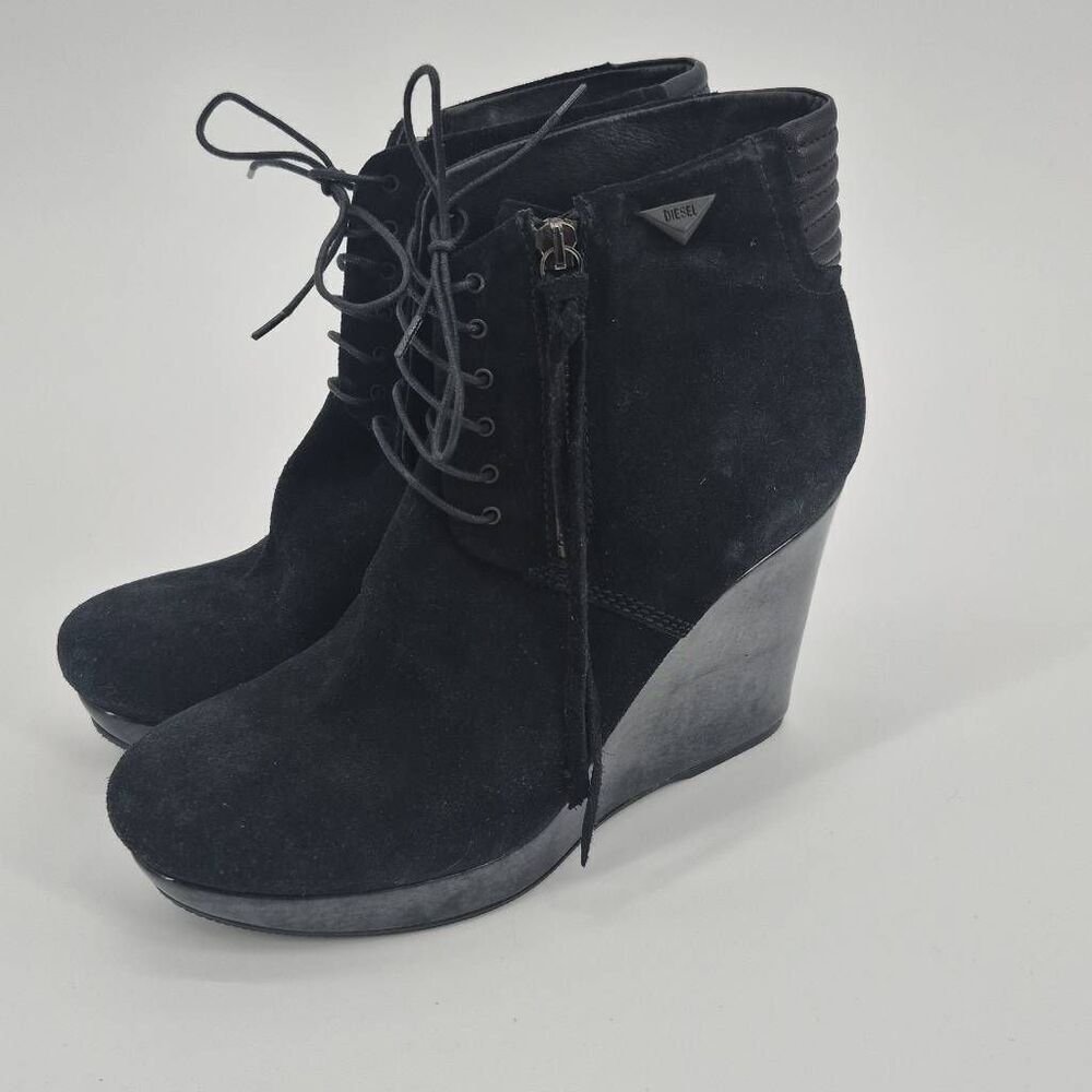 DIESEL Women's Black Suede Stylish Platform Wedge Ankle Boots Size EU 41/ US 10